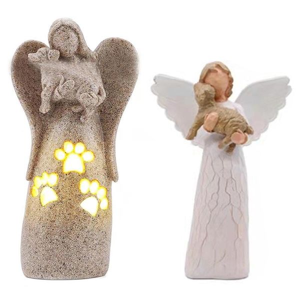 Figuras decorativas Objetos Angel Abraçando a estátua de cães Resina estatueta Velulador com led de led de liderado