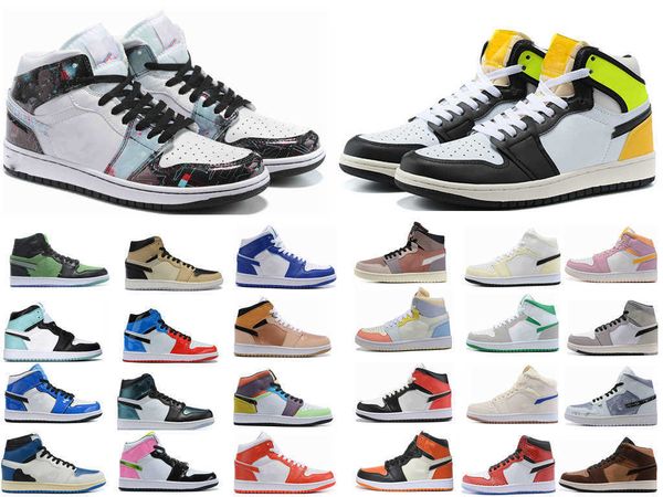 

2022 1s men women basketball shoes jumpman 1 high mid bordeaux atmosphere bred patent university blue hyper royal pale ivory mens, Black