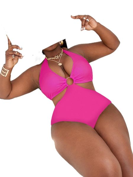 

plus cut-out ring linked backless halter one piece swimsuit 26kf#, White;black