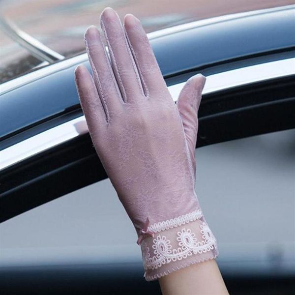

five fingers gloves women sun protection high elastic lace design silk thin touch screen anti-uv skid for outdoor driving1227k, Blue;gray