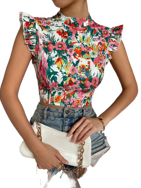 

allover floral print mock neck ruffle trim tie backless crop blouse k8vb#, White