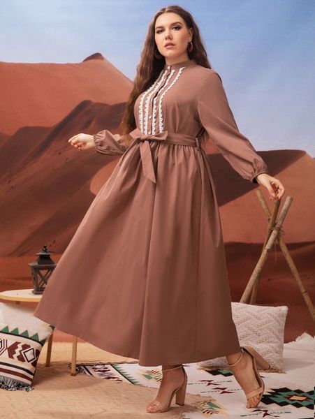 

plus guipure lace detail lantern sleeve belted dress 04og#, Black