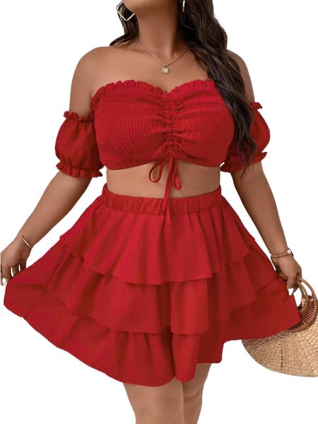 

plus off shoulder shirred & layered skirt e05u#, Black