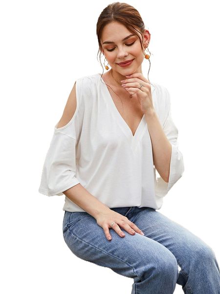 

ruched cold shoulder tee j1rt#, White