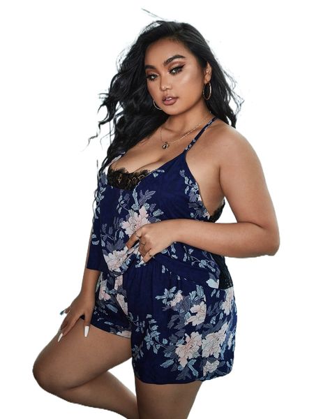 

plus floral print contrast lace pj set u97e#, Black;white