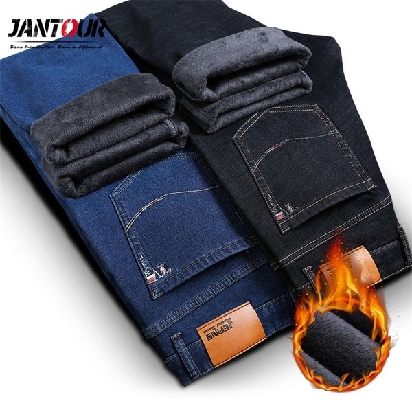 

jantour mens winter thicken fleece jeans stretch denim warm jeans for men designer brand long pants jean black/blue 28-40 44 210318