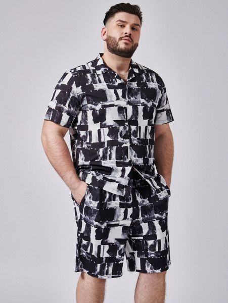 

extended sizes men lapel collar allover print shirt & shorts j1yw#, Gray