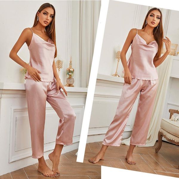 

loose ice silk sleeveless pajama set comfortable womens sleepwear, Black;red