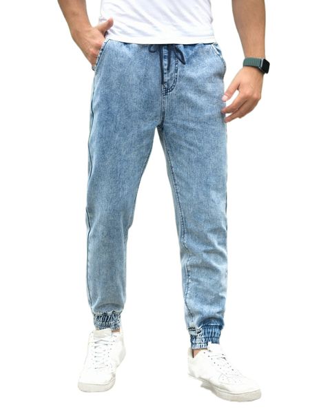 

men light wash drawstring waist jeans u874#, Blue