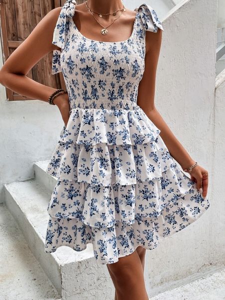 

floral print tie shoulder shirred layered hem dress f1t4#, Black;gray