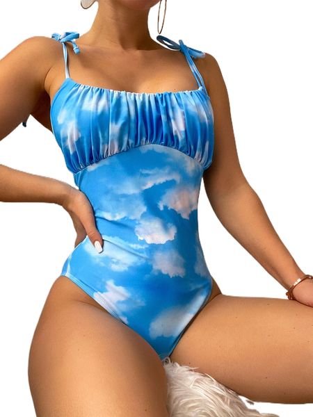 

sky pattern ruched bust one piece swimsuit h6is#, White;black