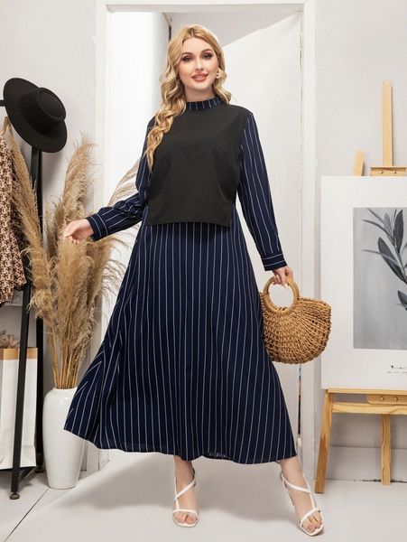 

plus striped print 2 in 1 dress o2yk#, Black