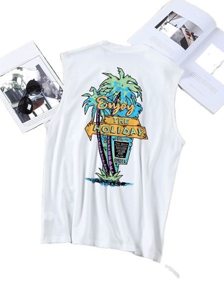 

men tropical & slogan graphic tank 73qz#, White;black