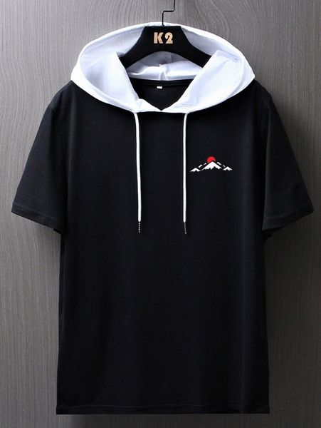 

men mountain & sun print drawstring hooded tee 60k8#, White;black
