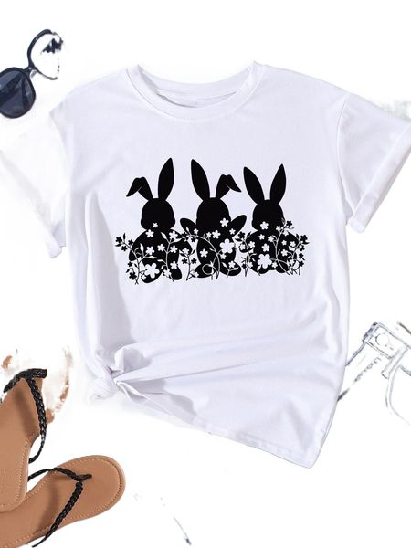 

rabbit & floral print tee z3u7#, White
