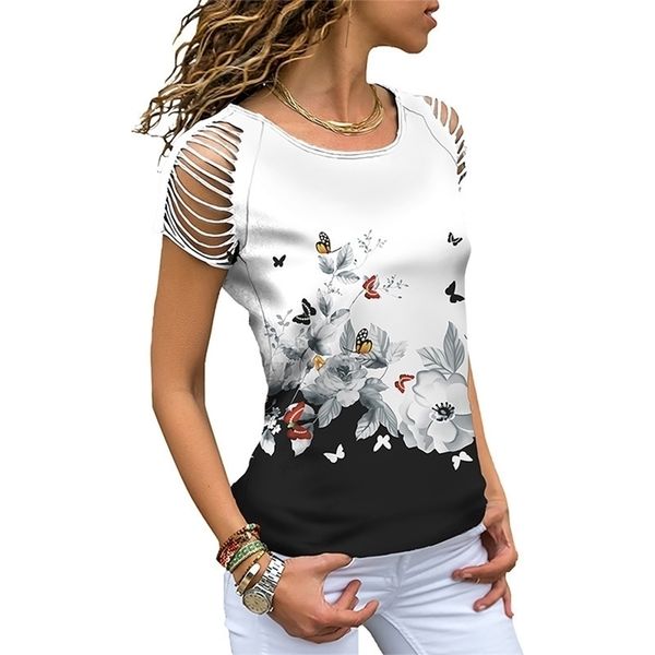 

summer women clothing short sleeve casual loose fashion allmatch oneck hollow out t shirt 220520, White