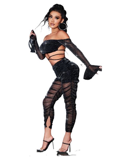 

sxy off shoulder crisscross tie back glitter mesh crop & ruched pants a2kf#, White