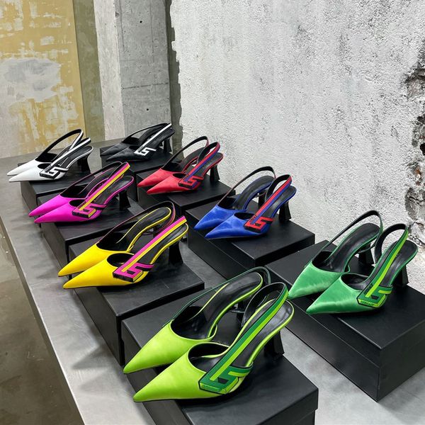 

2022 spring summer luxury designer womens mule sandal mid block heel slingback pump shoes ladies satin closed pointed toe, Black
