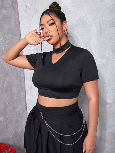 

plus choker neck crop tee v1iu#, Black