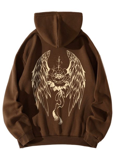 

wings & floral print drawstring thermal lined hoodie n2ff#, Black