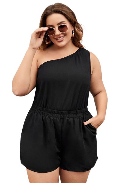 

plus one shoulder & slant pocket shorts l8u5#, Black