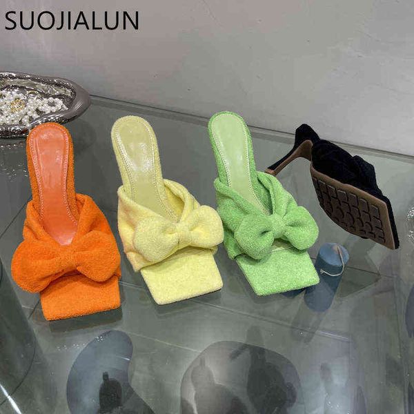 

suojialun 2022 new brand corduroy square toe women slipper fashion bow-knot ladies elegant slides thin high heel sandal shoes 220627, Black