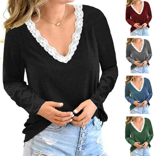 

women's jackets autumn winter casual loose v-neck stitched lace long sleeve t-shirt women bu9b, Black;brown