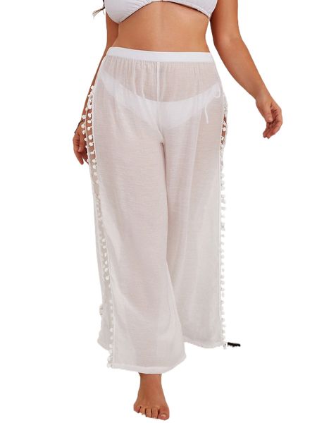 

plus pom pom trim high split cover up pants g3gf#, Black