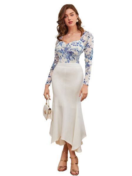 

floral print form fitted k00i#, White