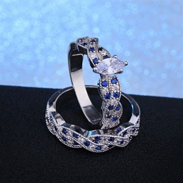 Novo chegada de luxo 2pcs/conjunto clássico marquise corte prateado prateado diamante cz cz anel de casamento jóias