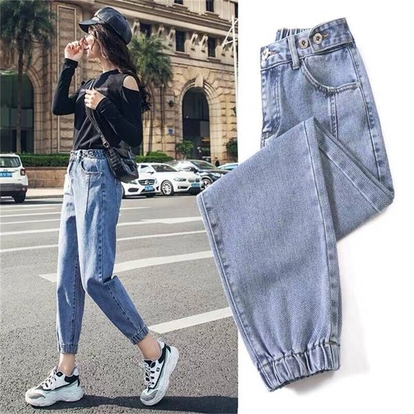 

spring new jeans net red torre jeans ladies loose nine elastic waist toe harem pants large jeans s 5xl lj200811, Blue