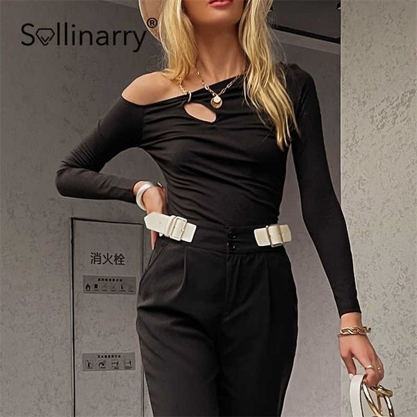 

sollinary off shoulder hollow out women spring black party tees fashion long sleeves slim blouse 210709, White