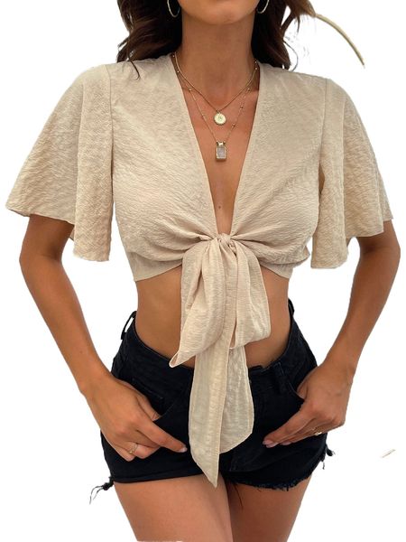 

knot front butterfly sleeve crop 35vd#, White