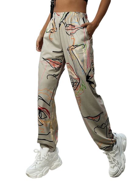 

graphic print elastic waist sweatpants v8jm#, Black;white