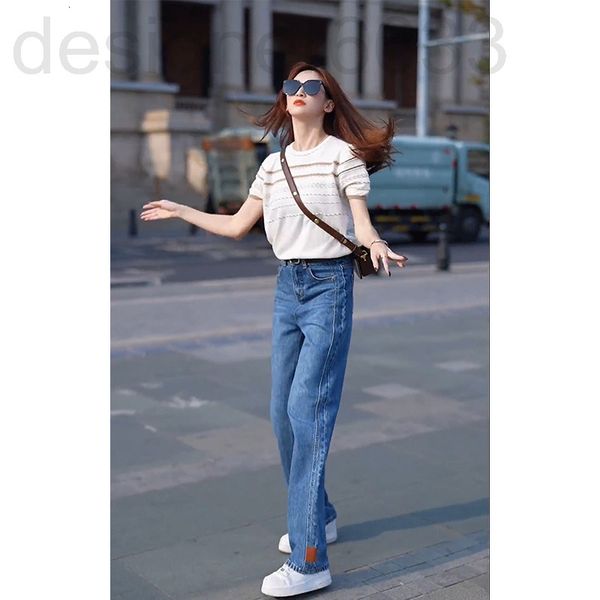 

two piece dress designer 10311# early spring color contrast stripe short sleeve t-shirt women's high waist jeans casual two-piece set k, White