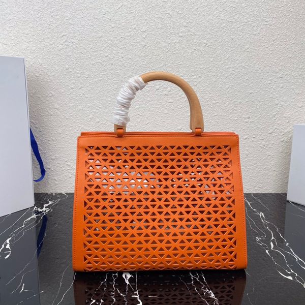 

ladies wooden handle leather cutouts tote shoulder bags casual shopping bags