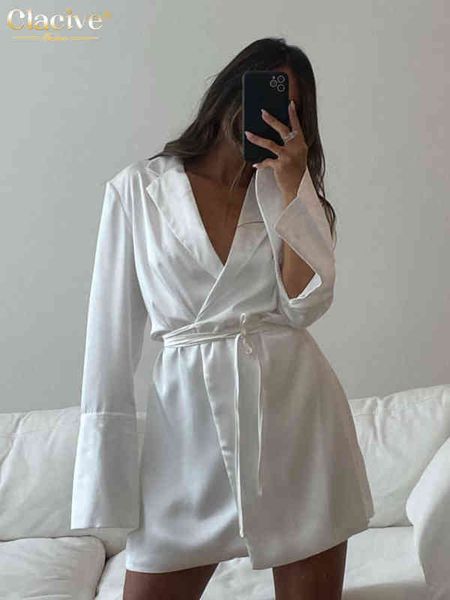 

clacive slim white satin dress lady fashion lapel long sleeve mini dress streetwear elegant lace-up dresses for women 2022 t220804, Black;gray
