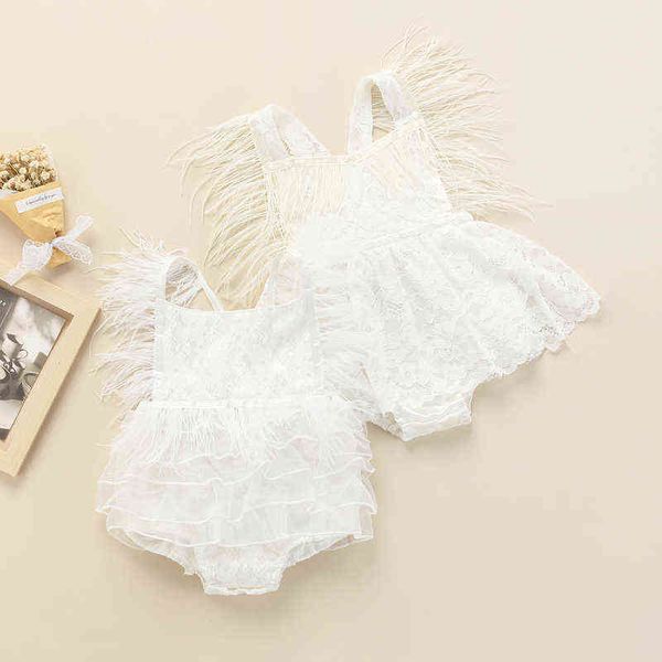 

lovely princess baby girls summer rompers newborn infant girl solid lace hollow feather tassel backless jumpsuits dress sunsuits g220521, Blue