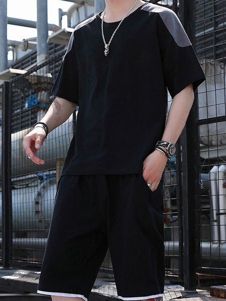 

men colorblock tee & slant pockets shorts p3cc#, Gray