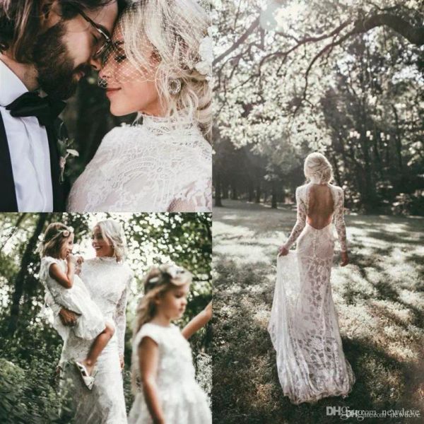 

2022 boho lace mermaid wedding dresses bridal gown backless long sleeves high neck ruffles custom made ruched country beach vestidos de novi, White