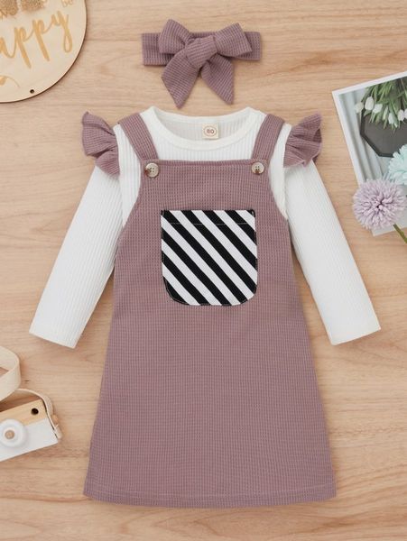 

toddler girls ruffle trim tee & contrast striped pocket overall dress with headband she, White