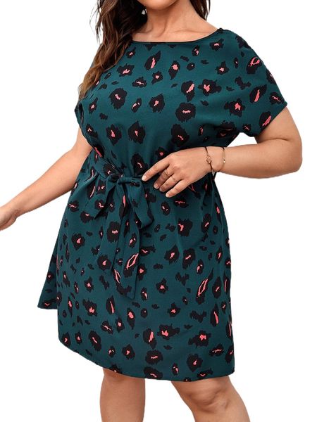 

plus allover print lace insert belted dress d36x#, Black