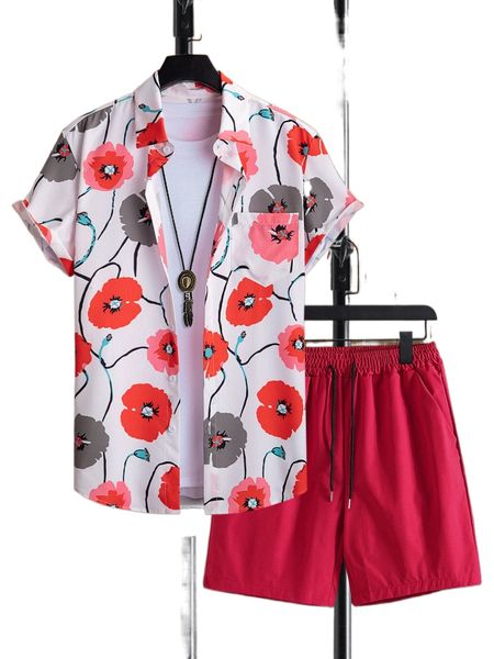 

men floral print shirt & drawstring waist shorts without tee q30z#, Gray