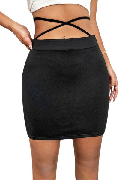 

crisscross tie back bodycon skirt y4dr#, Black