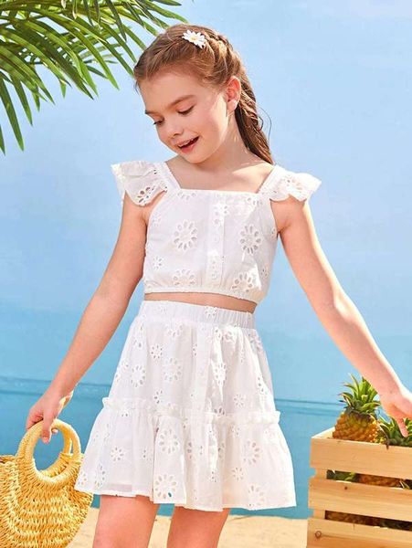 

girls cutout ruffle trim crop & flounce hem skirt she, White