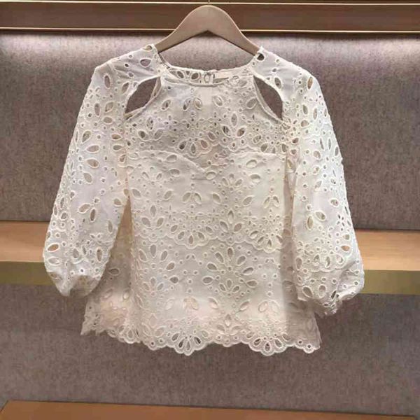 

women's polos french minority spring summer round neck hollow out embroidery white shirt short loose seven sleeve women