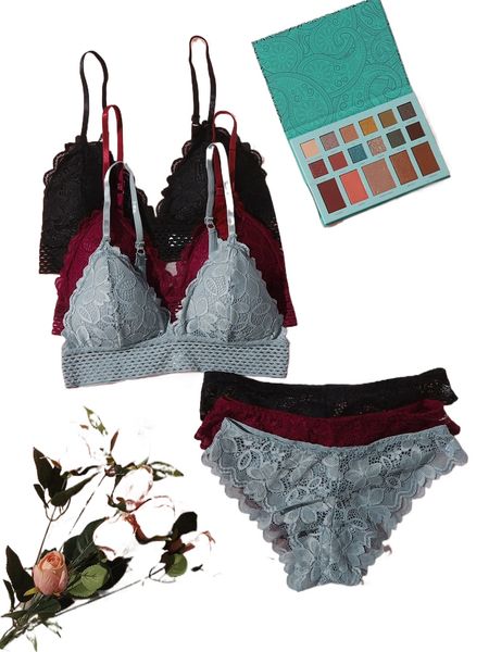 

3sets floral lace lingerie set l2zr#, Black;red