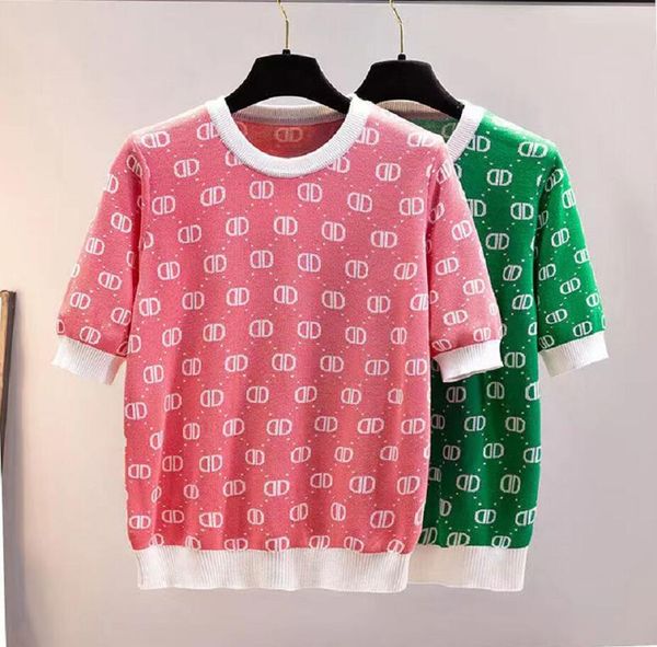 

short-sleeved sweater women's knitted t-shirt green summer loose fashion printing ice silk knitwear female tees, White;black