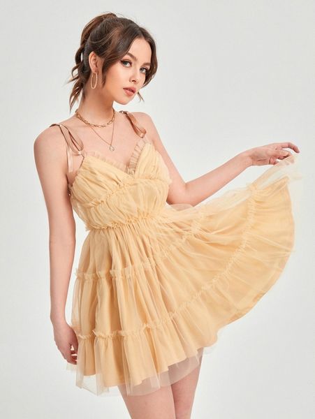 

tie shoulder frill trim layered hem mesh cami dress b0v0#, Black;gray