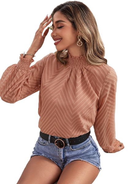 

chevron jacquard shirred lantern sleeve blouse b4jg#, White